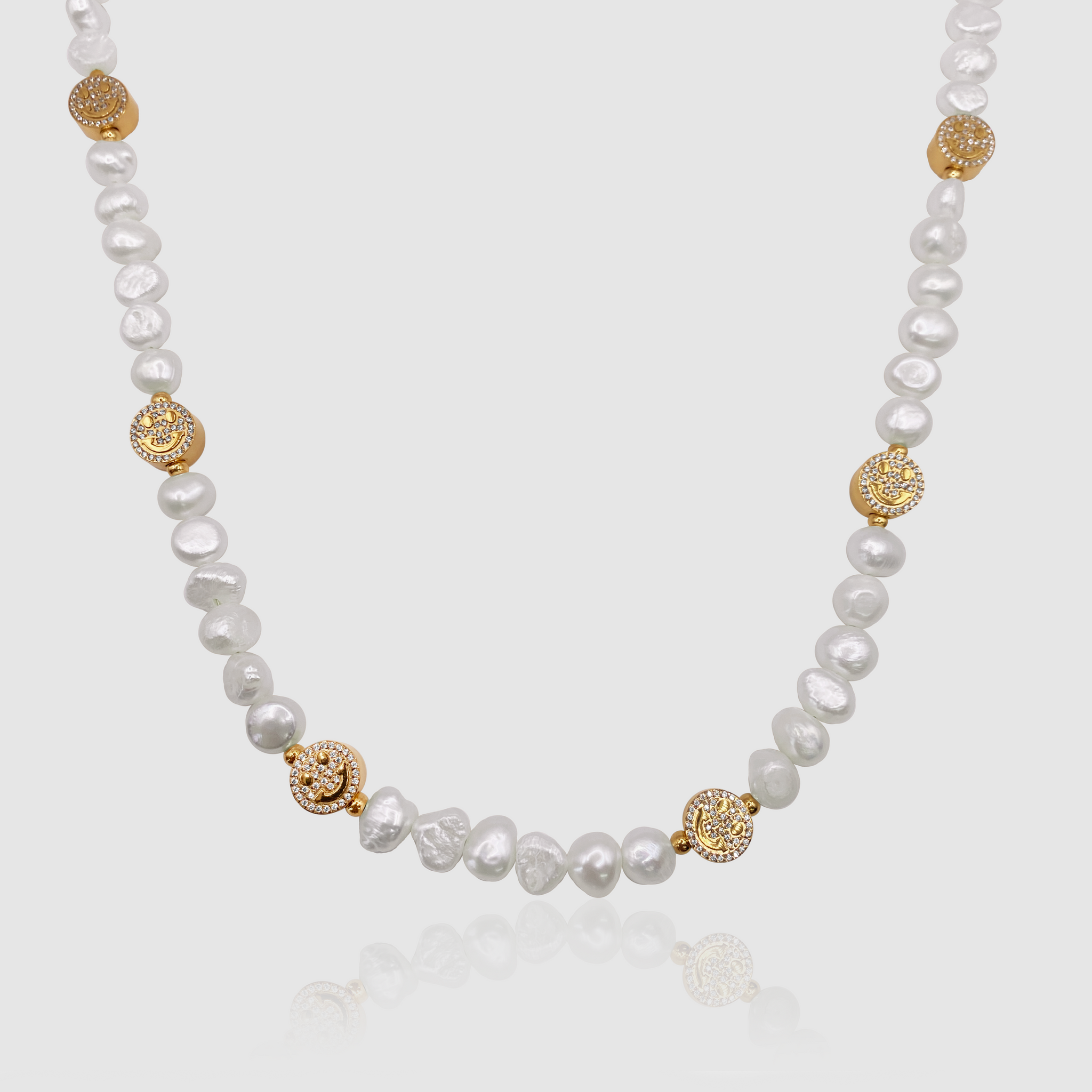 Iced Smiley Real Pearl Necklace (Gold)